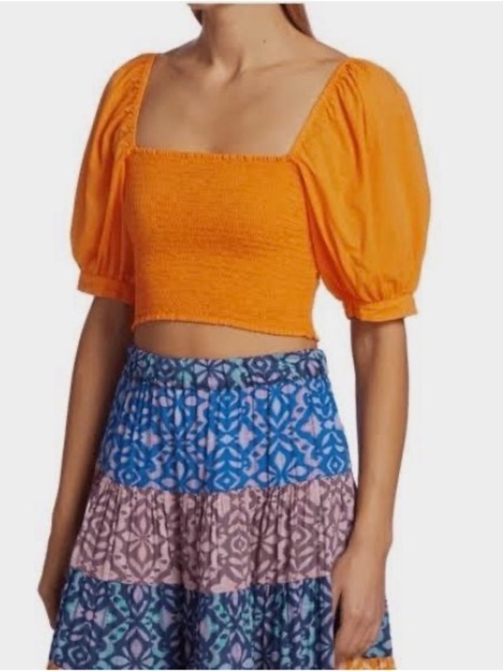 XiRENA Issa Orange Puff-Sleeve Smocked Crop Top